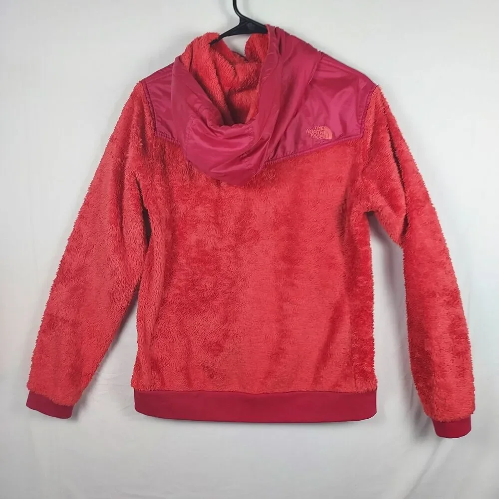The North Face Women M Red Fuzzy Teddy Fleece Hooded Jacket Soft Zip‑Up Coat